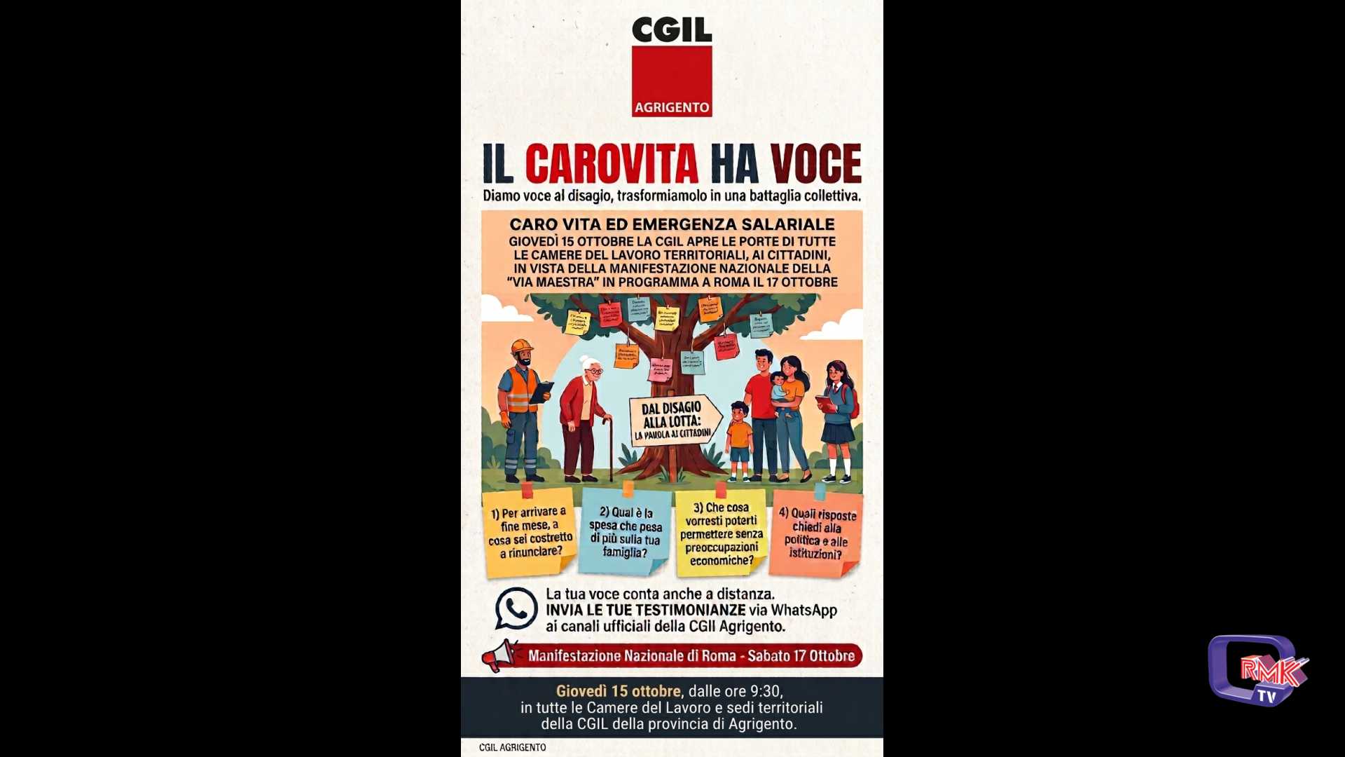 Caro vita, iniziativa della CGIL Agrigento. Sabato 17 ottobre manifestazione a Roma